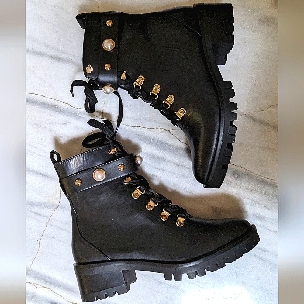 SOLD!!! - KARL LAGERFELD LACE-UP COMBAT BOOTS - GOLD & PEARL STUDDED